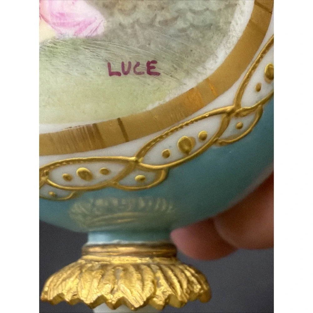 Antique Sevres Style Porcelain Vase Signed Luce Hand Painted Gilt Bronze 6